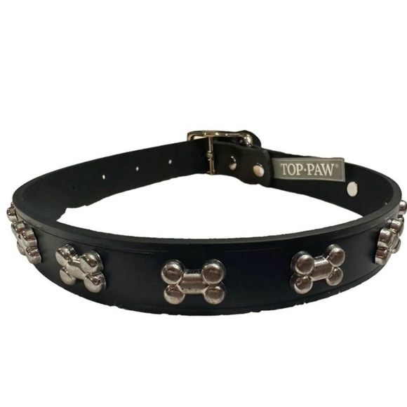 Top Paw Bone Studded Black Leather Dog Collar Sz Large 17-21” - Picture 1 of 6
